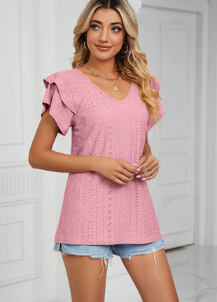 Eyelet Layered Flutter Sleeve V-Neck Knit Top - MimiStylez