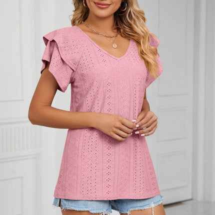 Eyelet Layered Flutter Sleeve V-Neck Knit Top - MimiStylez