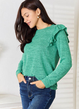 Double Take Ruffle Shoulder Long Sleeve T-Shirt - MimiStylez