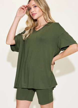 Neck Drop Shoulder T-Shirt and Shorts Set - MimiStylez