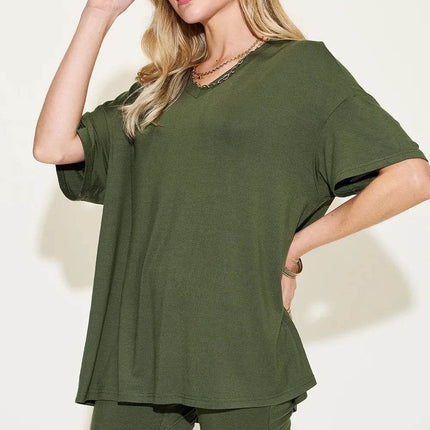 Neck Drop Shoulder T-Shirt and Shorts Set - MimiStylez