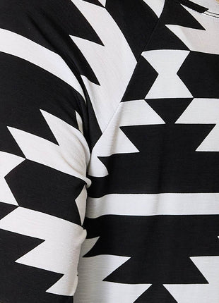 Heimish Full Size Geometric Notched Neck Long Sleeve Top - MimiStylez