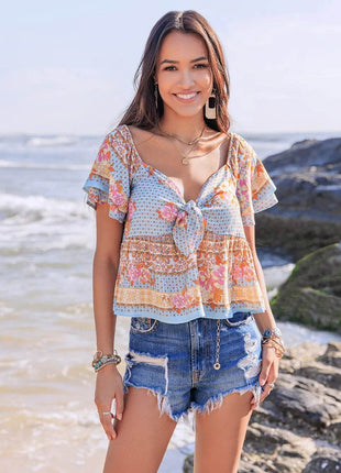 Printed Sweetheart Neck Layered Short Sleeve Blouse - MimiStylez