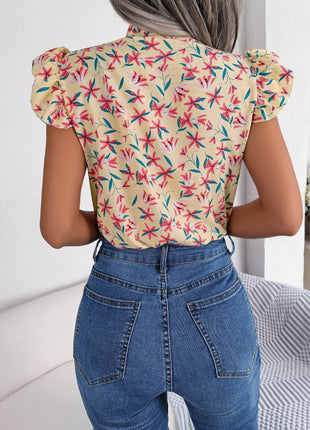 Floral Tie Neck Flutter Sleeve Blouse - MimiStylez