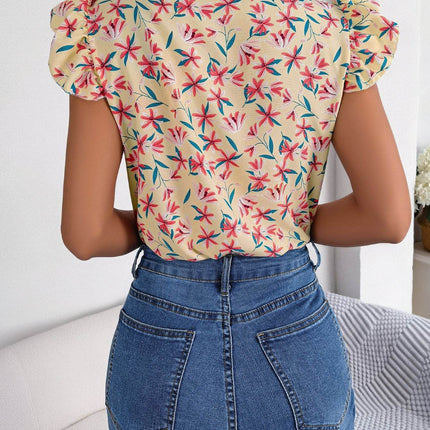 Floral Tie Neck Flutter Sleeve Blouse - MimiStylez
