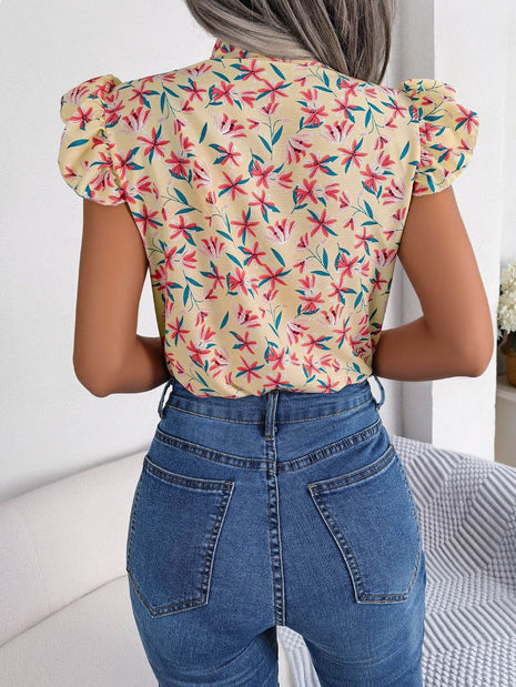 Floral Tie Neck Flutter Sleeve Blouse - MimiStylez