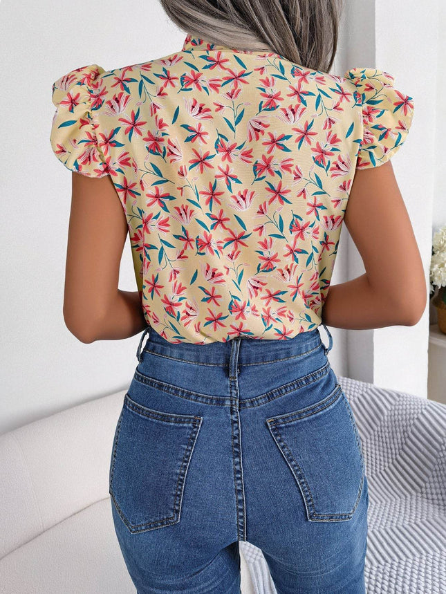 Floral Tie Neck Flutter Sleeve Blouse - MimiStylez