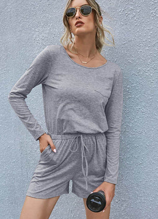 Drawstring Waist Long Sleeve Romper - MimiStylez