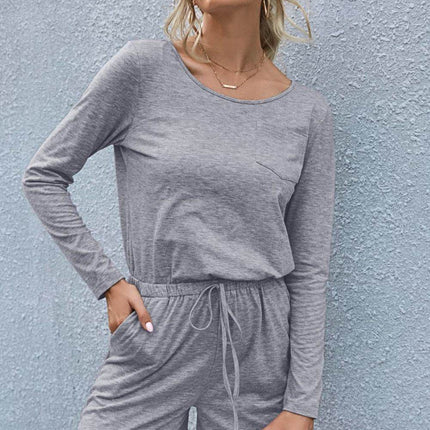 Drawstring Waist Long Sleeve Romper - MimiStylez