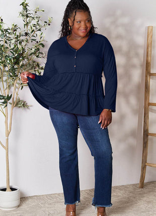 Double Take Half Button Long Sleeve Ruffle Hem Blouse - MimiStylez