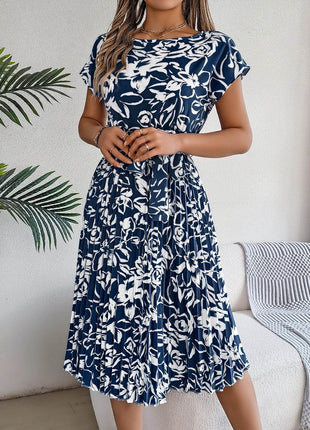 Tied Pleated Printed Short Sleeve Dress - MimiStylez