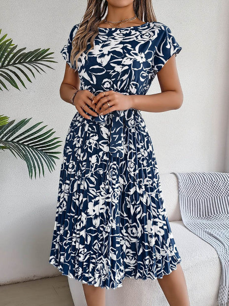 Tied Pleated Printed Short Sleeve Dress - MimiStylez
