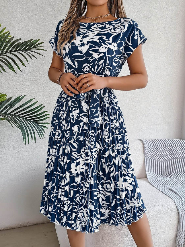Tied Pleated Printed Short Sleeve Dress - MimiStylez