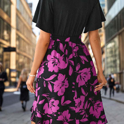 Tied Printed Surplice Short Sleeve Dress - MimiStylez