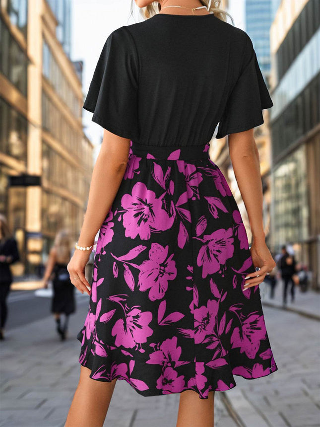 Tied Printed Surplice Short Sleeve Dress - MimiStylez