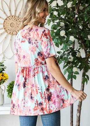 Heimish Full Size Floral V-Neck Short Sleeve Babydoll Blouse - MimiStylez