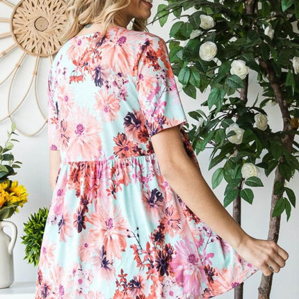 Heimish Full Size Floral V-Neck Short Sleeve Babydoll Blouse - MimiStylez