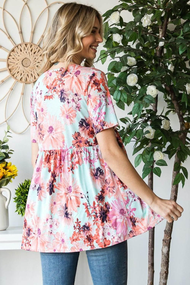 Heimish Full Size Floral V-Neck Short Sleeve Babydoll Blouse - MimiStylez