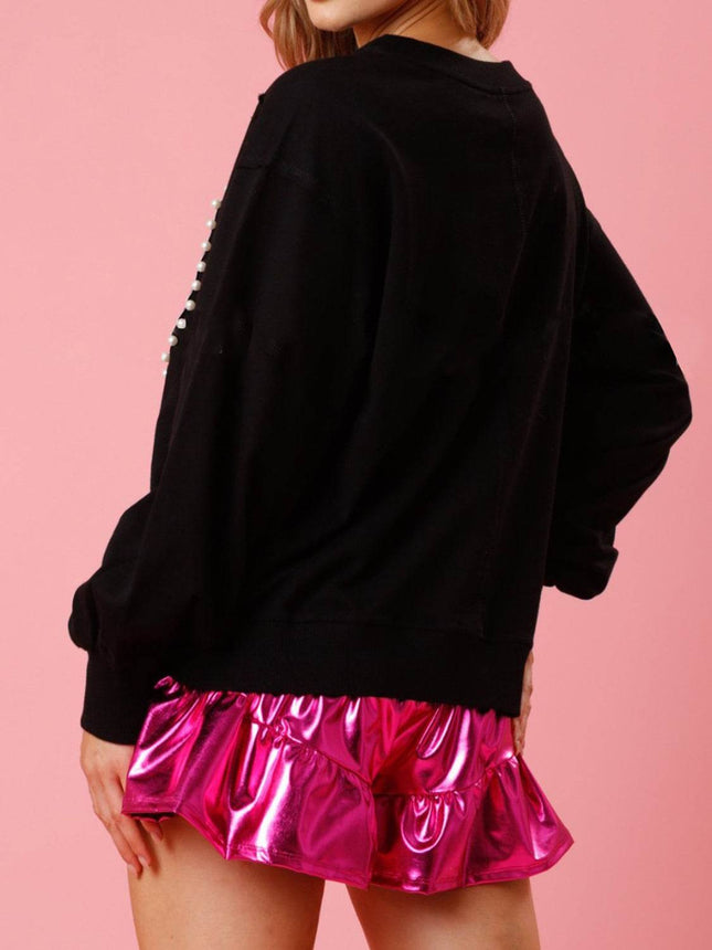 Pearl Trim Round Neck Sweatshirt - MimiStylez
