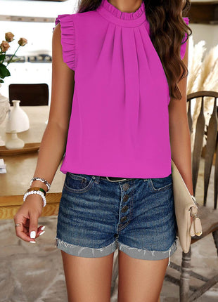Frill Ruched Mock Neck Sleeveless Blouse - MimiStylez