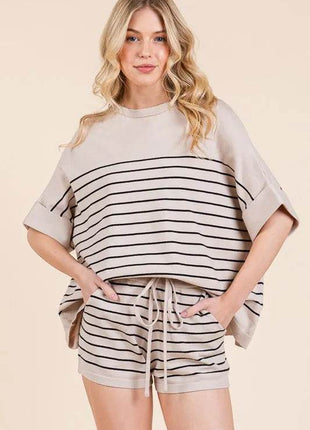 Lime 'N' Chili Striped Folded Half Sleeve Top and Shorts Set - MimiStylez