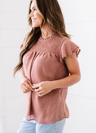 Polka Dot Smocked Flutter Sleeve Blouse - MimiStylez