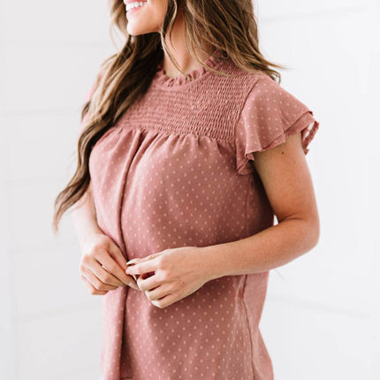 Polka Dot Smocked Flutter Sleeve Blouse - MimiStylez