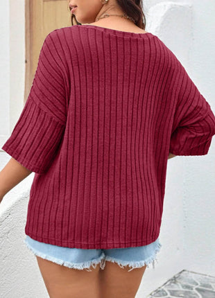 Plus Size V-Neck Ribbed Knit T-Shirt - MimiStylez