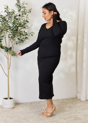 Culture Code Full Size Ribbed Long Sleeve Midi Slit Dress - MimiStylez