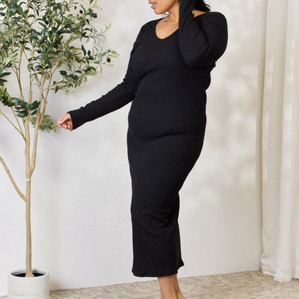 Culture Code Full Size Ribbed Long Sleeve Midi Slit Dress - MimiStylez
