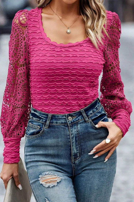 Openwork Scoop Neck Long Sleeve Blouse - MimiStylez