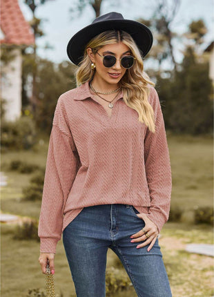 Collared Neck Cable-Knit Long Sleeve Blouse - MimiStylez