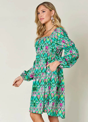 Double Take Full Size Printed Long Sleeve Dress - MimiStylez