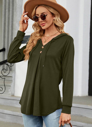 Decorative Button Drawstring Long Sleeve Hoodie - MimiStylez