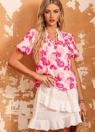 Floral Tie Neck Ruffle Shoulder Blouse - MimiStylez