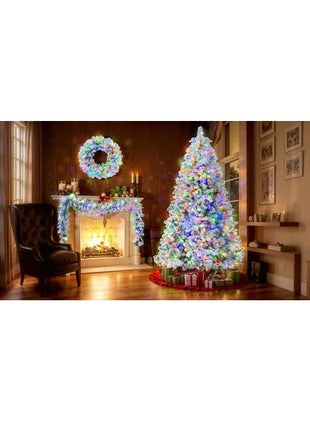 6FT Snow Flocked Christmas Tree  Pre Lit Set With Tree Garland & Wreath, Artificial Hinged Xmas Tree With Colorful LED Lights8 Lighting Modes, Pine Cones