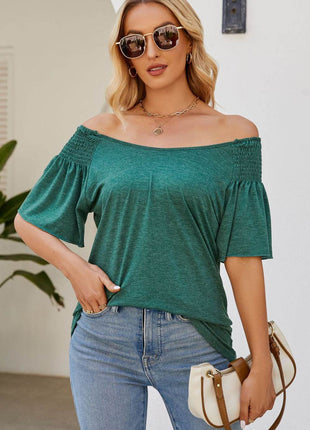 Smocked Round Neck Flutter Sleeve T-Shirt - MimiStylez