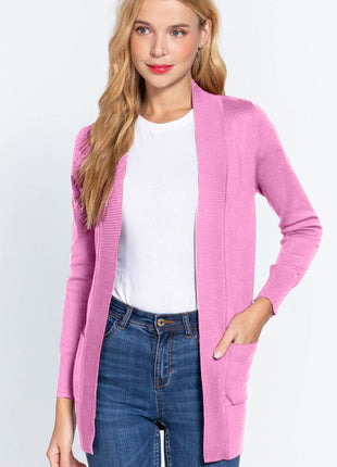 ACTIVE BASIC Ribbed Trim Open Front Cardigan - MimiStylez