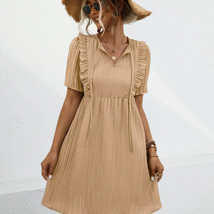 Tie Neck Short Sleeve Mini Dress - MimiStylez