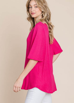 BOMBOM Round Neck Waffle Knit T-Shirt - MimiStylez