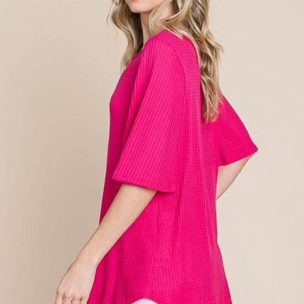 BOMBOM Round Neck Waffle Knit T-Shirt - MimiStylez