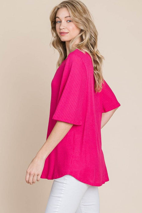 BOMBOM Round Neck Waffle Knit T-Shirt - MimiStylez