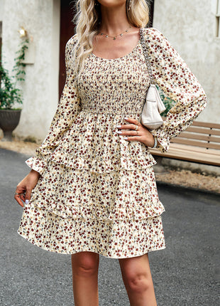 Smocked Flounce Sleeve Ruffled Dress
