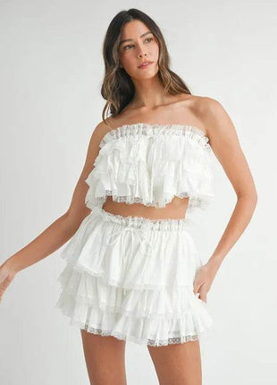 MABLE Ruffle Layered Crop Top and Mini Skirt Set - MimiStylez