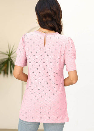 Eyelet Round Neck Short Sleeve T-Shirt - MimiStylez