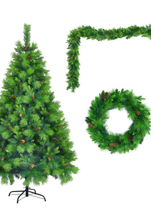 6FT Pre Lit Pine Christmas Tree With Pine Cones, Includes Pre Lit Garland and Wreath - 3PC Set