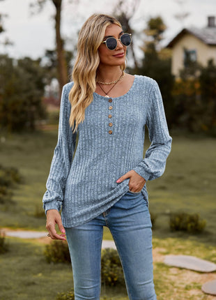 Round Neck Button-Down Long Sleeve Tee - MimiStylez