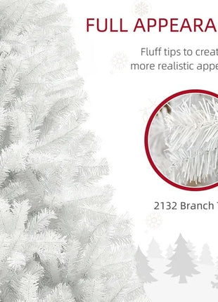 9FT White Unlit Christmas Tree With 2132 Branch Tips, Auto Open, Steel Base