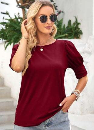 Round Neck Lantern Sleeve Blouse - MimiStylez