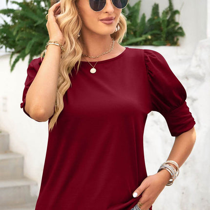 Round Neck Lantern Sleeve Blouse - MimiStylez